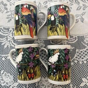 4 Dunoon Stoneware Coffee Mugs by Ruth Boden Scotland Tropical Birds